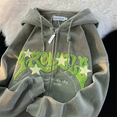 Buy Hot Oversized Sweatshirt Y2k Trouble And Stars Embroidered Zip Up Hoodie • 29.99£