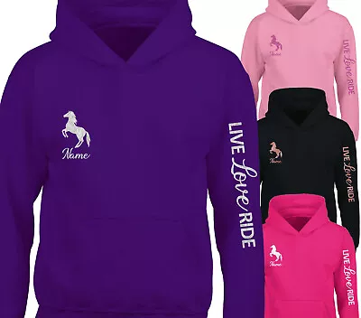 Buy Personalised Horse Riding Hoodie Girls Glitter Equestrian Hoody Chest Arm Print • 16.45£