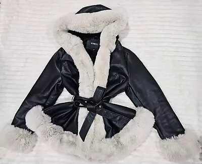 Buy Glamdoll Faux Fur Trim Fleece Lined Hooded Leather Coat Jacket Size 14 Black • 45£