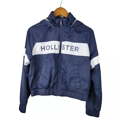 Buy Hollister Hooded Windbreaker Jacket Size Small Crop Navy Blue Womens Spell Out • 24.01£