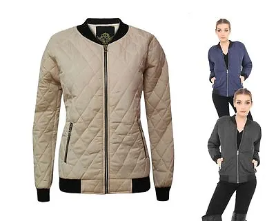 Buy Ladies Women Quilted Padded Bomber Puffer Zip Puffa Coat Jacket Ribbed Top 8-14 • 16.99£