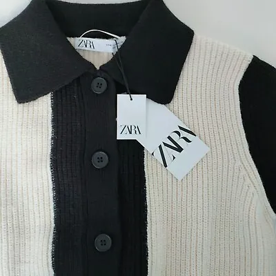 Buy ZARA Knit Cardigan Contrasting Ribbed Collared Sweater S M Ecru Cream Black • 30.60£