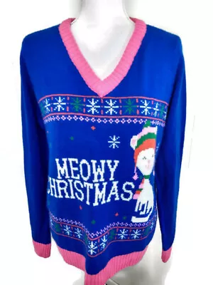 Buy Dec 25th Womens Large  Meowy Christmas  Ugly Christmas Cat Sweater Pink Blue • 15.33£