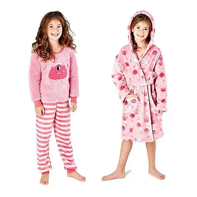Buy Girls Super Soft Snuggle Fleece Cute Monster Print Pink Dressing Gown / Pyjamas  • 8.99£