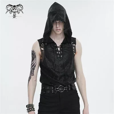Buy Devil Fashion Men Black Gothic Punk Sleeveless T-Shirt Drawstring Hooded Tops • 46.79£
