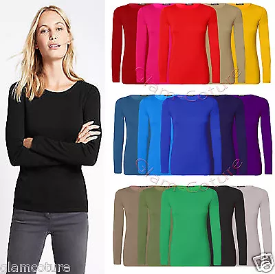 Buy Womens Plain Tshirt Ladies Long Sleeve Scoop Neck T Shirt Top Plus Sizes 8-26 • 7.99£