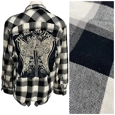 Buy Upcycled Flannel Shirt Womens 1X Black Plaid Biker Country Grunge Camp Sword • 42.79£