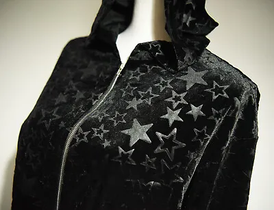 Buy Gothic Black Velvet Hoodie Star-Print Fairycore Zip-Up Top Cropped Small 8 Or 10 • 15£