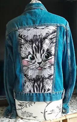 Buy Upcycled Vintage Denim Jacket With Cute Cat Floral Handstitched Panels 38  Chest • 29.99£