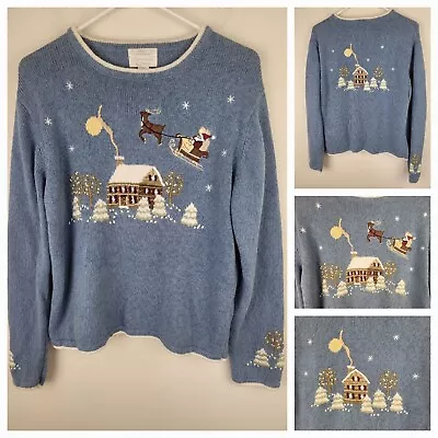 Buy Christmas Sweater Womens L Blue Hand Embroidered Santa Cabin Trees Ramie Blend • 38.54£