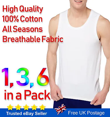 Buy Men's Vests 100% Cotton Tank Top Gym Training White Plain S M L XL 2XL 3XL 4XL • 5.99£
