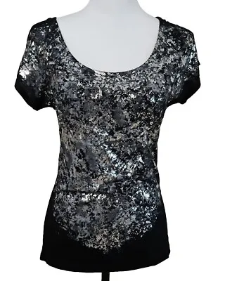 Buy Daytrip Silver Black Blouse Shirt Low Back Thread Rock Short Sleeve Top Sz S • 14.41£