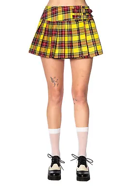 Buy Yellow Tartan Check Gothic Punk Rockabilly Mini Pleated Skirt By BANNED Apparel • 24.99£