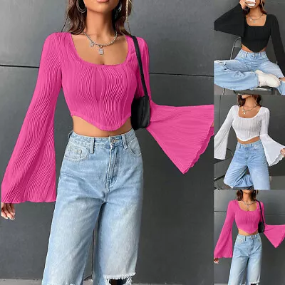 Buy Women Sexy Ribbed Crop Tops Slim Fit Flared Sleeve Beach Holiday Party Blouse 14 • 9.89£