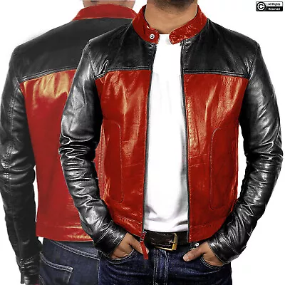 Buy Mens Red Black Biker Motorcycle Cafe Racer Sheepskin Genuine Leather Jacket NEW • 259.99£
