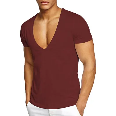 Buy Mens Cotton Short Sleeve T-Shirt Tops Pullover Tees Slim Deep V Neck ! • 10.79£
