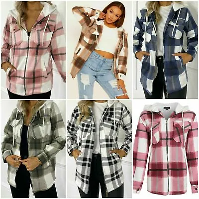 Buy Check Long Sleeve Shacket Top Ladies Womens Hooded Baggy Shirt Blouse Jacket • 18.99£