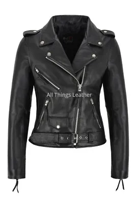 Buy Ladies Leather Jacket Black Real Cowhide Bikers Fashion Brando Jacket • 76.50£