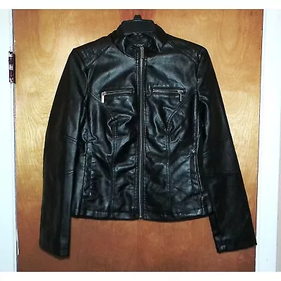 Buy Junior's New Look Jet Black PU Faux Leather Edgy Biker Jacket 4 Pockets NWOT S • 28.42£