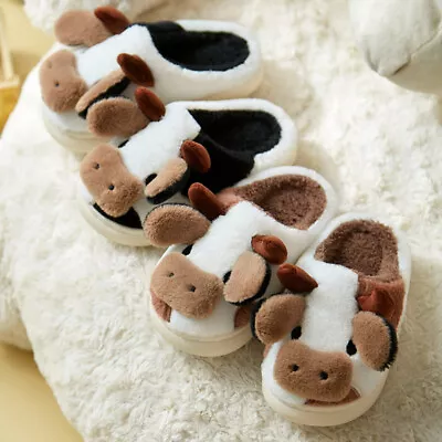 Buy Women Men Fuzzy Cow Slippers Cute Warm Cozy Cotton Shoes Animal Shape Slip-On UK • 3.97£