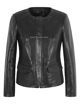 Buy WOMEN SLIM Jacket Black Real Leather CASUAL Collarless Classic Short Jacket 4642 • 120£