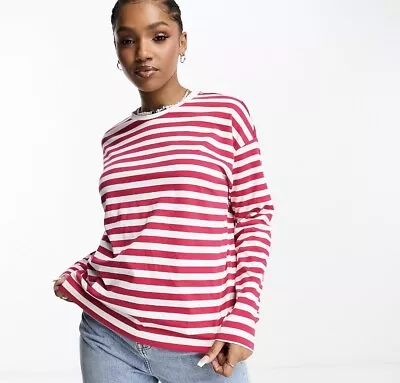 Buy Vero Modo Oversized Striped T-shirt In Red & White • 7.99£