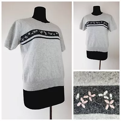 Buy Size 14-16 Pure Lambswool Knitted Jumper Grey Short Sleeve Embroidered  • 10.99£