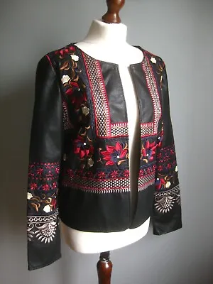 Buy LEATHER JACKET BOLERO 12 Shacket Embroidered Gypsy Faux Hippy Boho Floral Shirt • 54.99£