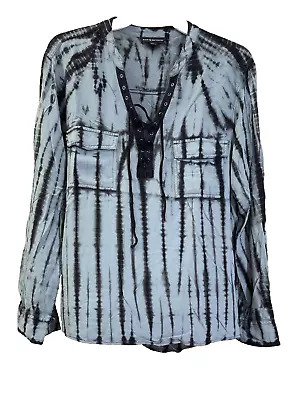 Buy Rock & Republic Blouse Women’s XL Blue Black Tie Dye Lace Up Grunge Rayon • 11.33£