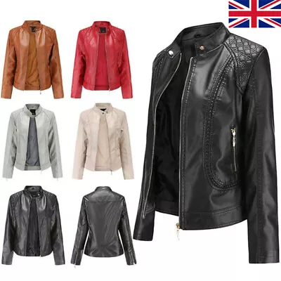 Buy Women Faux Leather Biker Jacket Ladies Stand Collar Zip Coat Outwear Size 10-20 • 31.31£