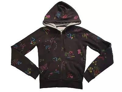 Buy VICTORIA’S SECRET PINK XS Black All Over Embroider Hoodie Full Zip Peace Dog Y2K • 28.94£