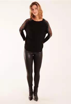 Buy New Women Black Cut Out Lace Glitter Diamante Sleeve Knit Jumper.More Color.S- L • 32.99£
