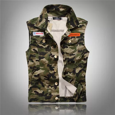 Buy Men's Vest Denim Jacket Sleeveless Shirt Waistcoat Camouflage Jean Coat • 30.82£