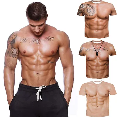 Buy Men's Summer Strong Muscle 3D Print T-Shirt Funny Short Sleeve Fake Tattoo Tops. • 9.96£