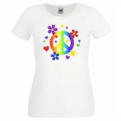Buy Ladies White Rainbow Peace Pride Love Hippie LGBT Equal T-Shirt • 12.95£