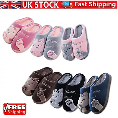 Buy Womens Cute Cat Plush Slippers Indoor Winter Warm Soft Anti-Slip House Shoes UK • 9.59£