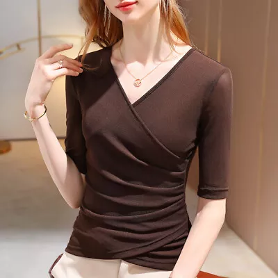 Buy Mesh Women's Solid Short Sleeve Wrap Style T-Shirt Basic Top Size S-3XL • 15.37£