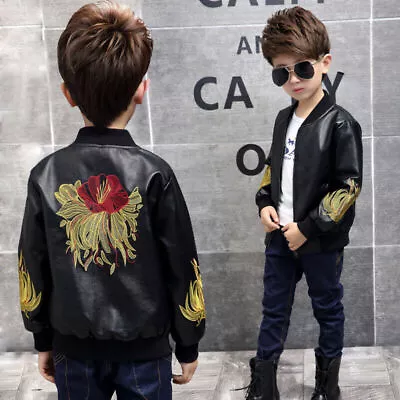 Buy Kids Boys Leather Jackets Motorcycle Jacket Cool Coat Baby Biker Embroidery Coat • 15.78£