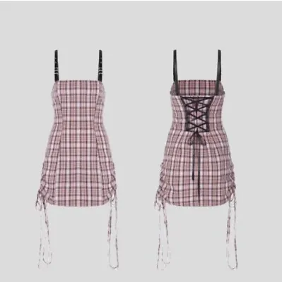 Buy Punk Rave Mini Dress Sz Medium Pink Plaid  Side Zip Back Lace Goth NEW With Tags • 19.30£