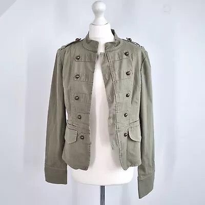 Buy DKNY Jeans Military Jacket Khaki Band Denim Brass Buttons Cotton Green Large • 28£