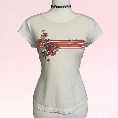 Buy Vintage Y2k Roxy White Pink Floral Surfer Skater Stripe Logo Grunge Baby Tee M/L • 26.60£