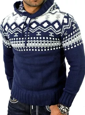 Buy Reslad Jumper Hoodie Norwegian Men's Knitted Winter Hooded Warm Blue Size XXL • 32.99£