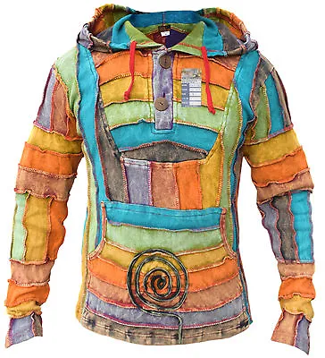 Buy Men's Rainbow Cotton Patchwork Colorful Pullover Long Pixie Hood Hippie Jumper • 49.99£