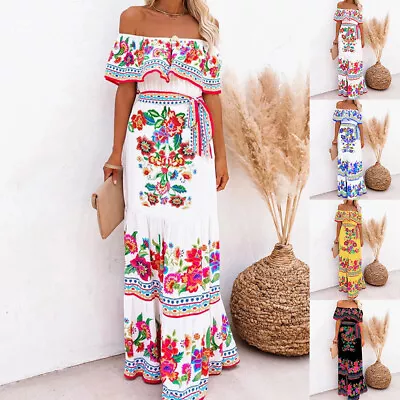Buy Womens Boho Floral Off Shoulder Maxi Dress Kaftan Summer Beach Holiday Sundress • 4.89£