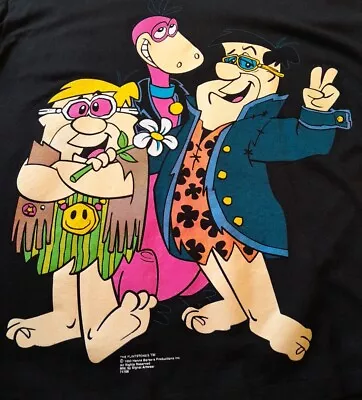 Buy Flintstones Black Tee Shirt Pre Loved 1993 Original Fred Barney Dino VGC Medium • 50£
