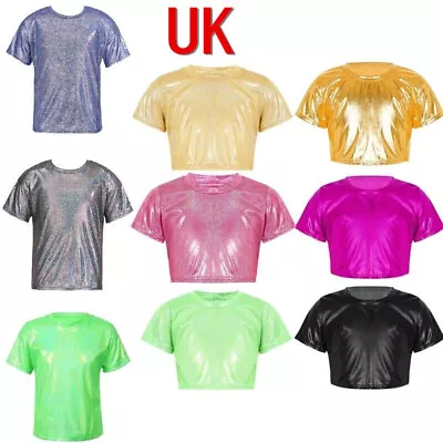 Buy UK Girls Kids T-shirts Jazz Street Dance Top Shiny Short Sleeve Hip Hop Blouses  • 8.82£