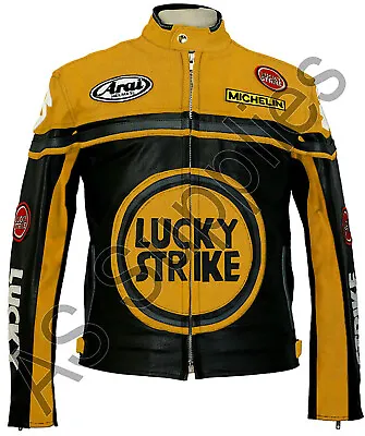 Buy LUCKY STRIKE Leather Motorcycle Jacket - Black/Yellow - Classic Biker • 155.94£