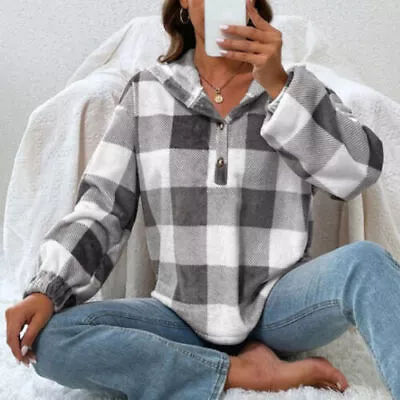 Buy Womens Plaid Check Hooded Hoodies Tartan Sweatshirt Long Sleeve Buttons Blouse • 8.29£