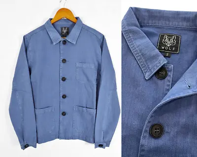 Buy 60s Style Mid Blue French Workwear Chore Jacket - Washed Faded Herringbone • 59.95£
