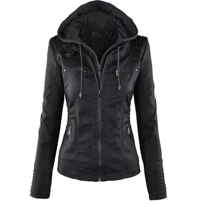 Buy Womens PU Leather Biker Motorcycle Jacket Zip Up Slim Fit Hooded Coat Outwear. • 42.33£